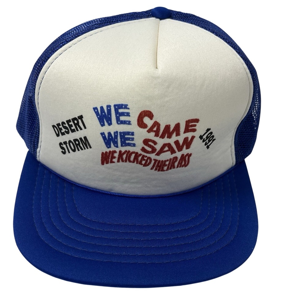 SI Desert Storm 1991 Trucker‎ Hat Snapback Blue White Mesh Patriotic Slogan VTG